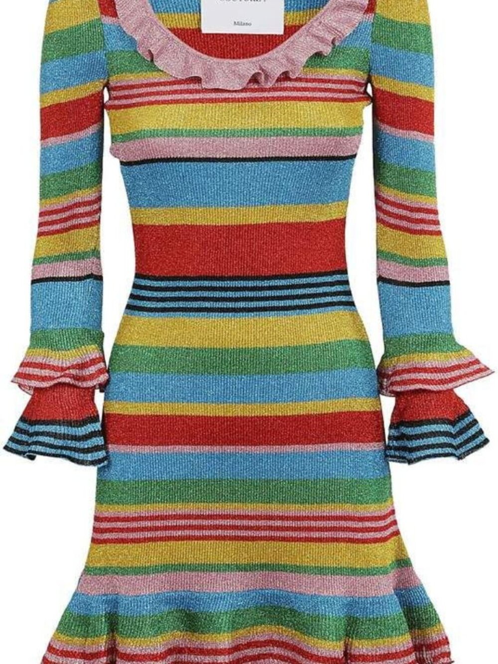 MOSCHINO 2019 Metallic Rainbow Striped Ruffled Knit Mini Dress - Picture 9 of 10
